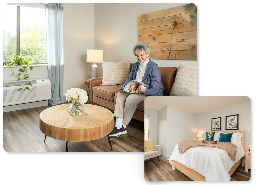 collage of senior women reading a magazine on her coach and an image of her bedroom area