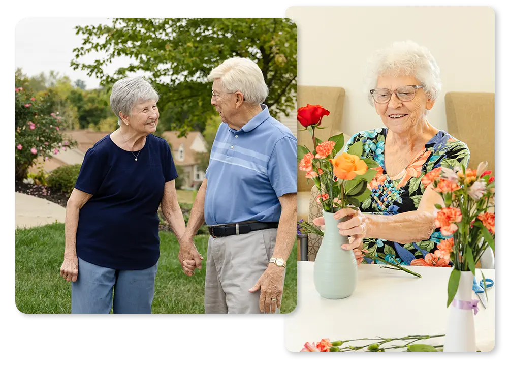 collage image of couple holding hands smiling at each other outside and another women arranging flowers in a vase